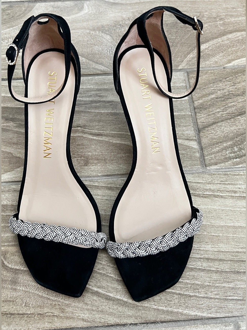 Stuart Weitzman Black Suede Ankle-Strap Sandals with Braided Crystal Accent